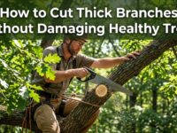 A professional arborist sawing a thick tree branch under bright sunlight.