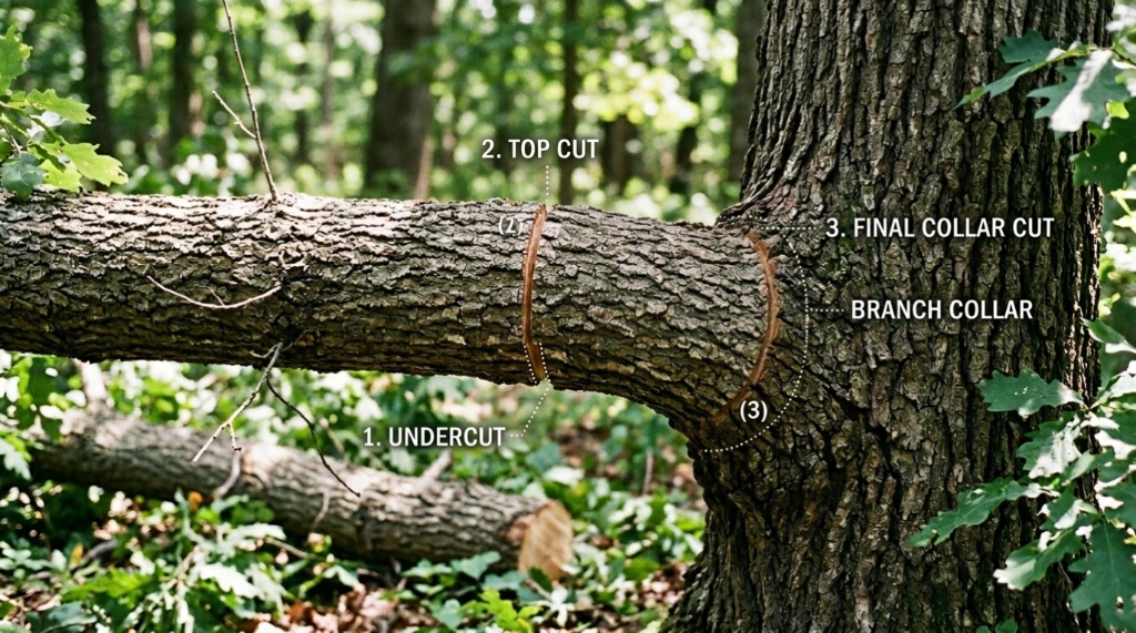 Close-up of a tree limb showing the proper three-cut pruning method.