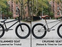 Close-up of comfortable rubber grips and an padded seat on a BMX bike.