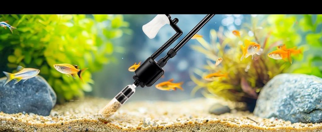 Aquarium gravel vacuum removing debris from a colorful tropical fish tank.