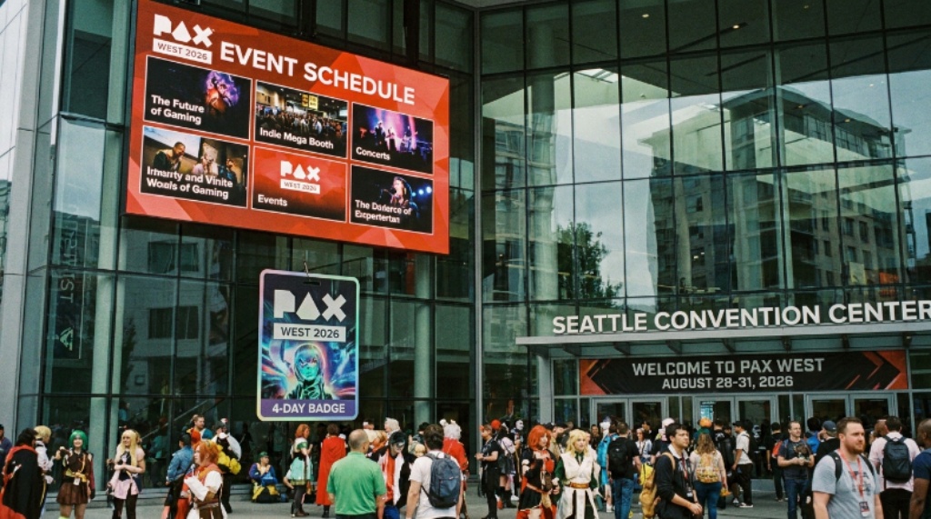 PAX West 2026 badge and event schedule displayed at the Seattle Convention Center entrance