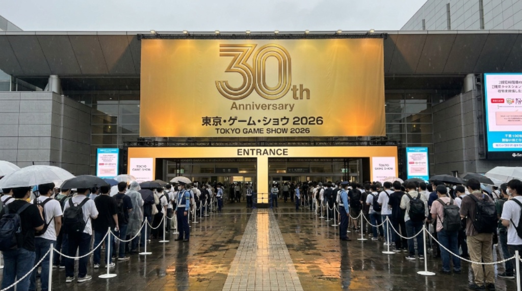The official Tokyo Game Show 2026 30th anniversary gold logo displayed on a banner outside Makuhari Messe in Chiba, Japan, with attendees lined up at the entrance