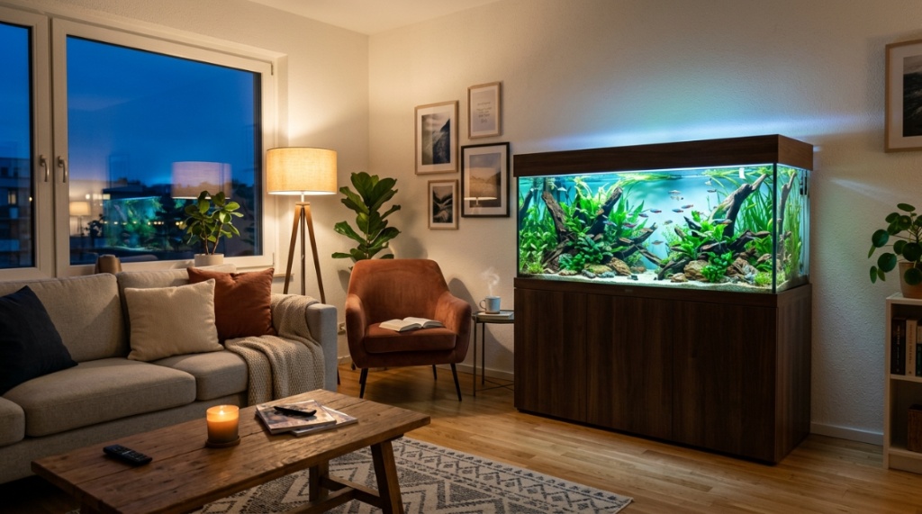 A brightly lit aquarium glowing beautifully inside a modern, dimly lit living room.