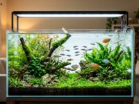 ibrant tropical fish swimming in a lush planted aquarium illuminated by bright overhead LED lights.