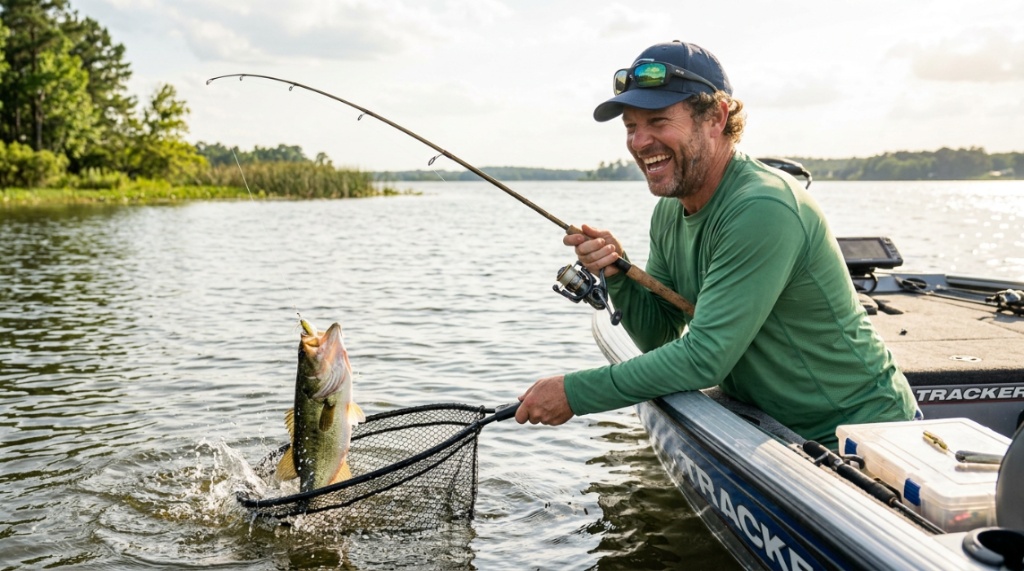 Angler successfully landing a large fish using a strong fishing reel.