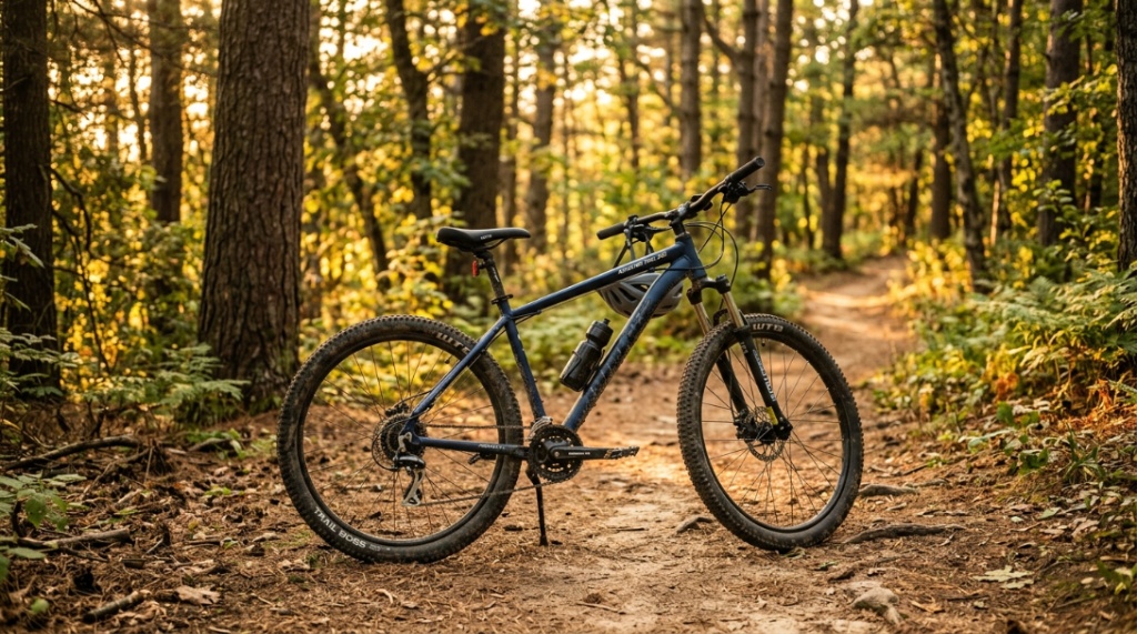 A cyclist wearing a helmet riding a mountain bike on a dirt trail.