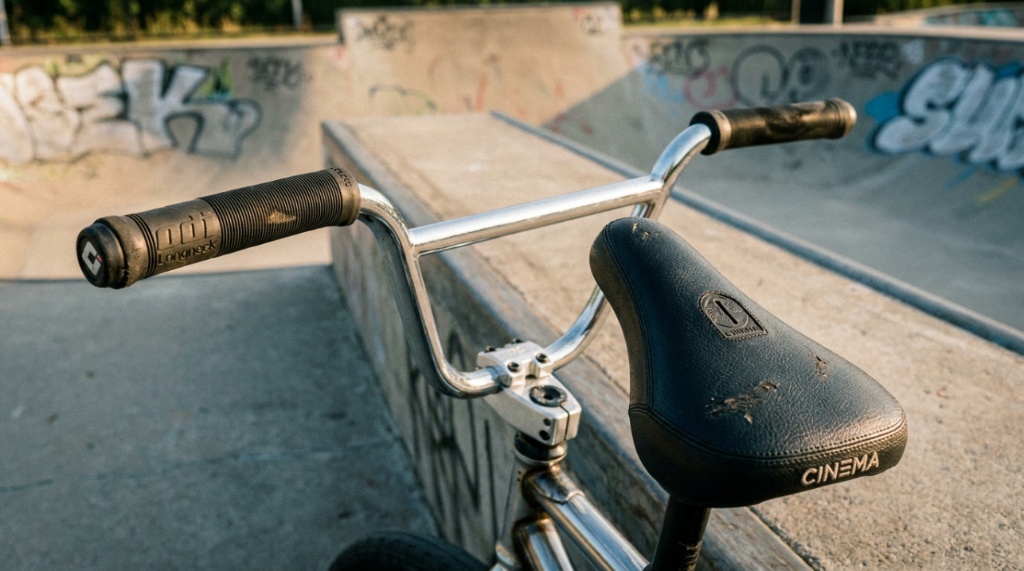 A thick padded black seat on a BMX bike frame adjusted for comfort.