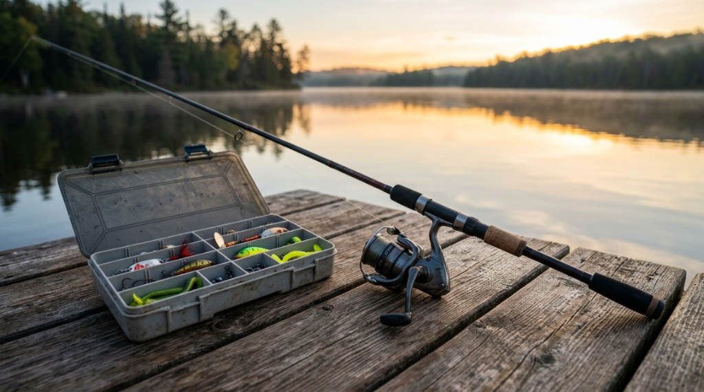 An angler holding a bass next to an affordable spinning rod setup.