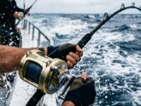 Close up of a fishing reel under heavy tension with water splashing.
