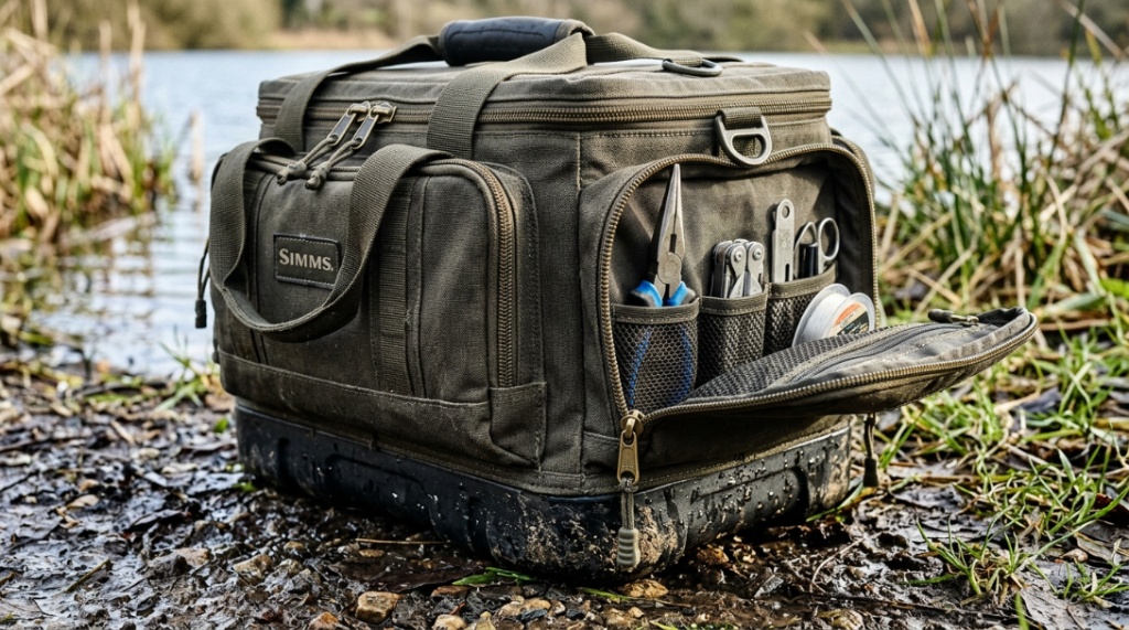 : Durable fishing tackle storage bag showing waterproof molded base and tool pockets.