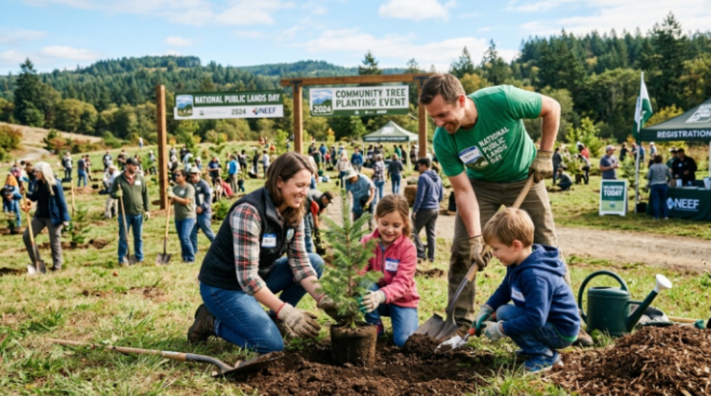 Family planting trees at a National Public Lands Day community event