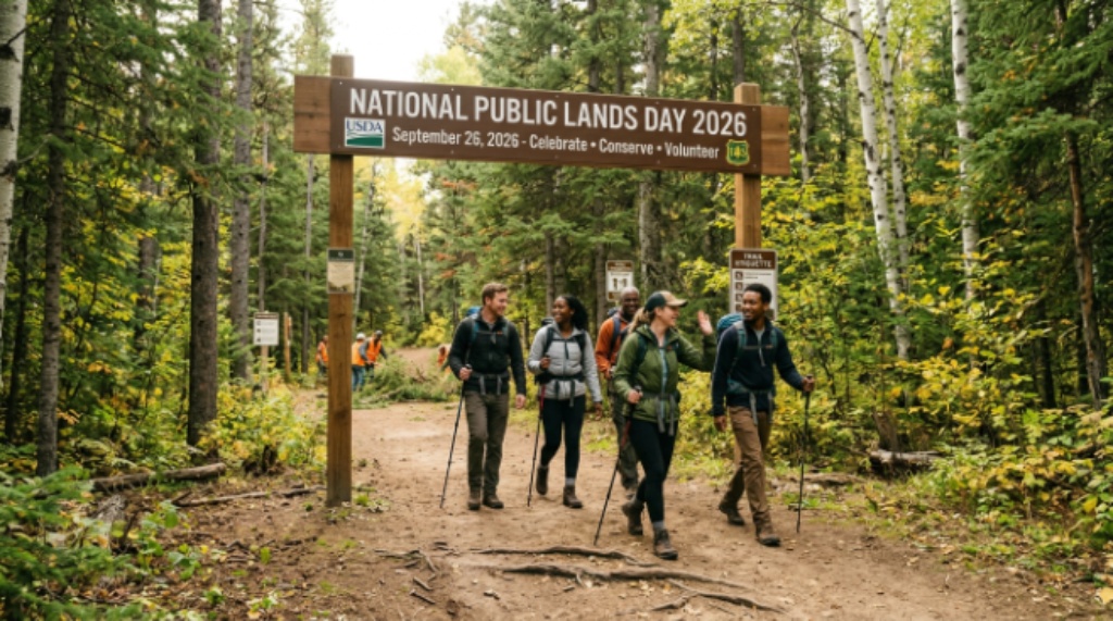 Hikers walking through a national forest on National Public Lands Day 2026