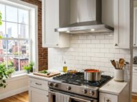 Modern stainless steel range hood installed above a kitchen stove in an NYC apartment.