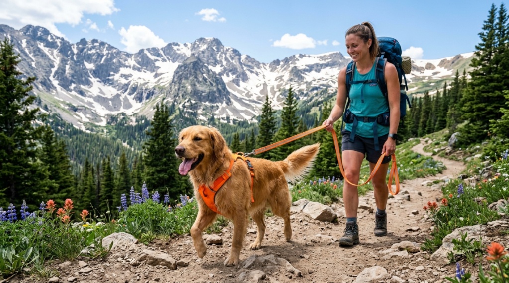 Dog wearing a durable leash outdoors in a park.