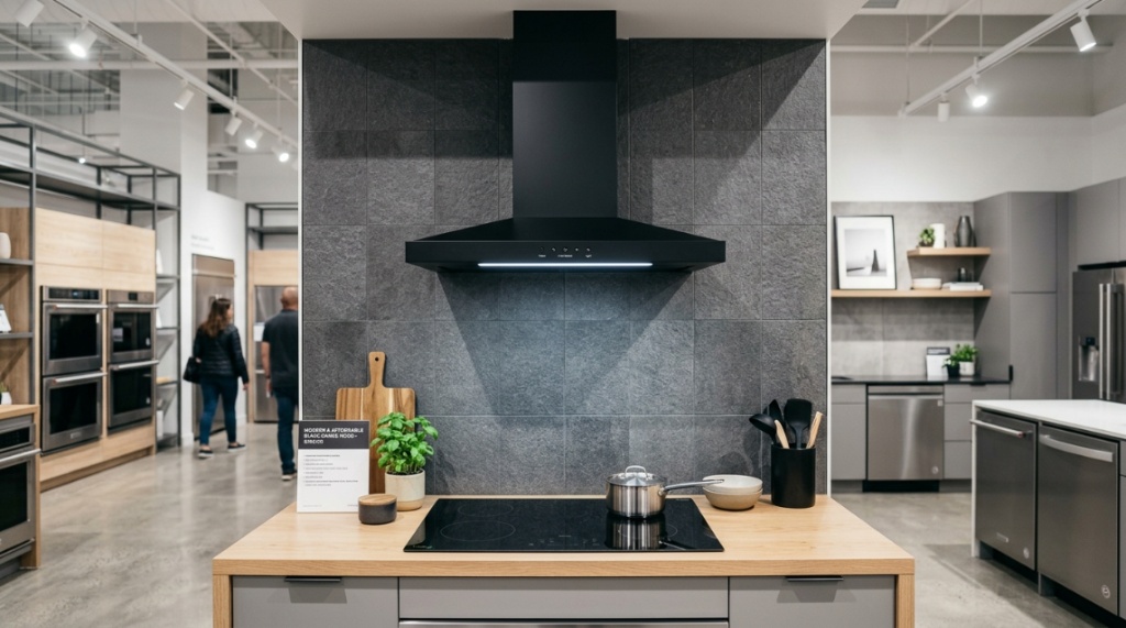 Technician installing an affordable under-cabinet range hood in a compact kitchen.