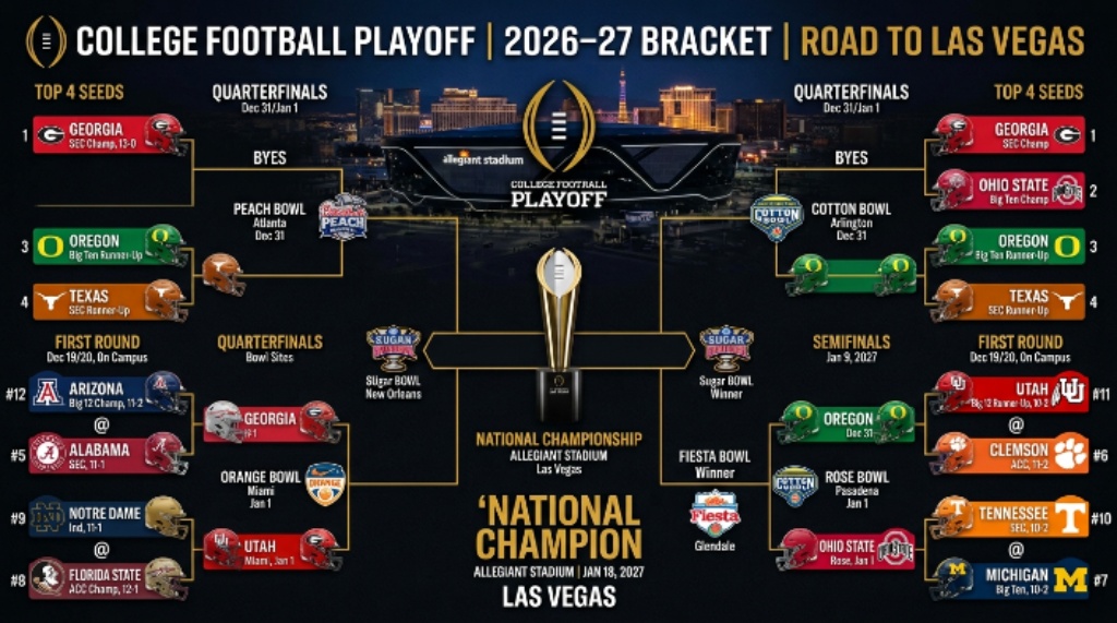 The 12-team College Football Playoff 2026–27 bracket graphic showing seeds, first-round matchups, quarterfinal bowl sites, and the path to the Las Vegas national championship