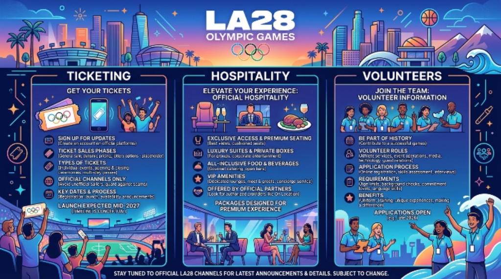 Official LA28 ticketing, hospitality, and volunteer information for the 2028 Olympic Games