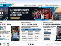 LA28 Olympics ticket registration page showing ticket draw, prices, and hospitality package information