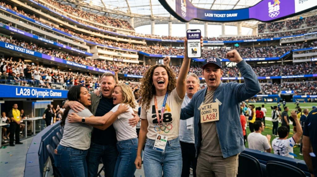 Spectators cheering at an Olympic venue after securing LA28 Games tickets through the official ticket draw