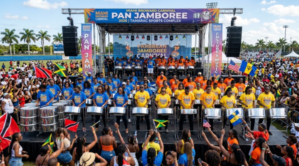 Steel pan orchestra performing at the Pan Jamboree during Miami Broward Carnival 2026 at the City of Tamarac Sports Complex in South Florida