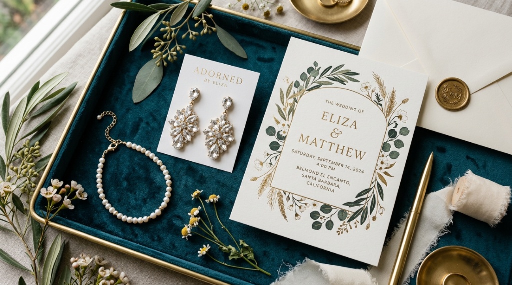 Crystal bridal earrings and a pearl bracelet on a velvet tray.