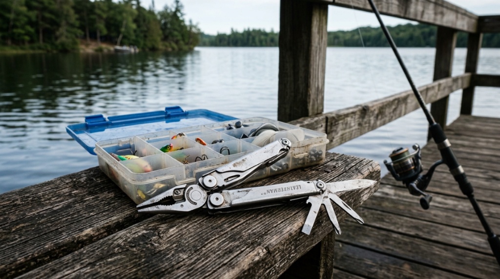 Angler using multitool pliers to remove hook from fish.