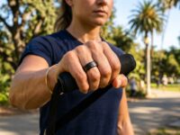 Person wearing a sleek fitness ring outdoors in California.