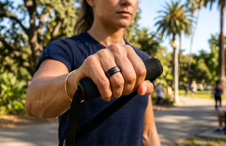 Person wearing a sleek fitness ring outdoors in California.