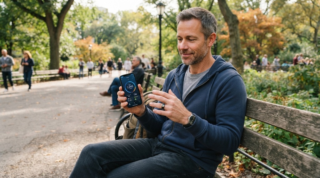 Man reviewing daily health metrics on a smart ring outdoors.
