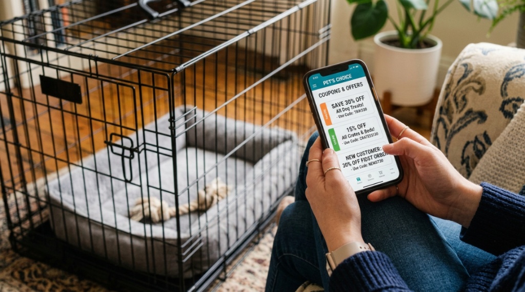 Hands comparing online store coupons beside a folding dog crate