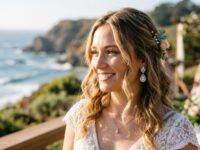 Bride wearing sparkling drop earrings outdoors in California sunlight.
