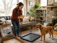 Person holding a price tag next to a folding dog crate indoors