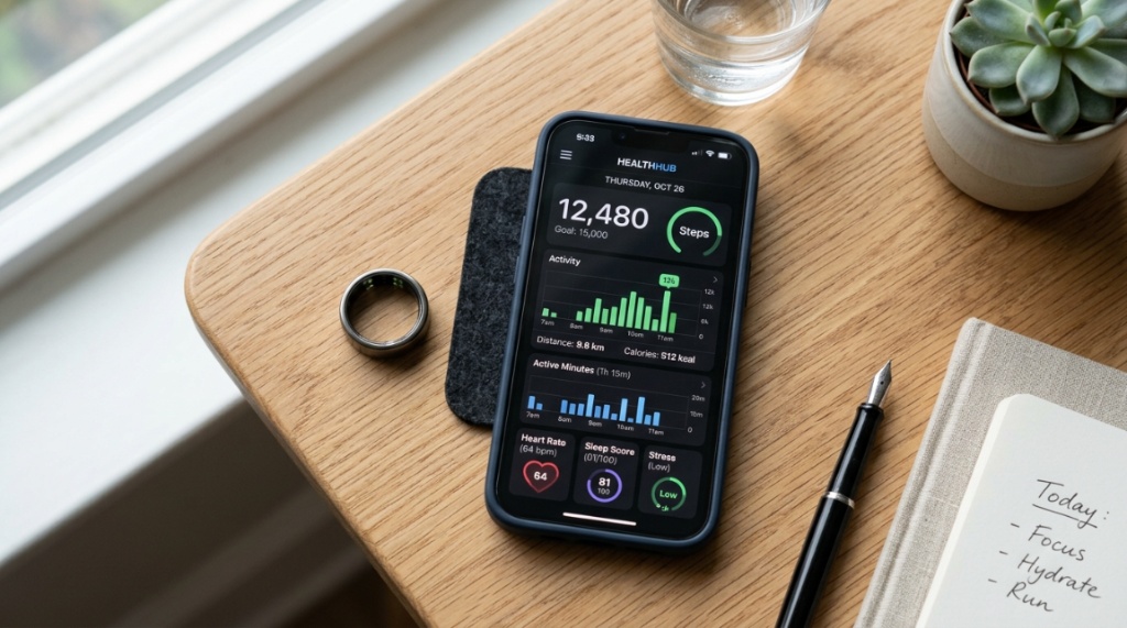 Smartphone screen displaying health metrics next to a fitness ring.