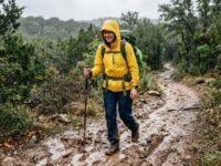 Hiker wearing a yellow waterproof rain suit on a wet Texas trail.