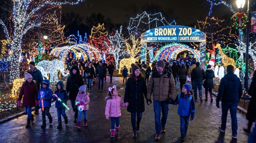 Families walking through millions of lights at the Bronx Zoo winter wonderland event in New York City