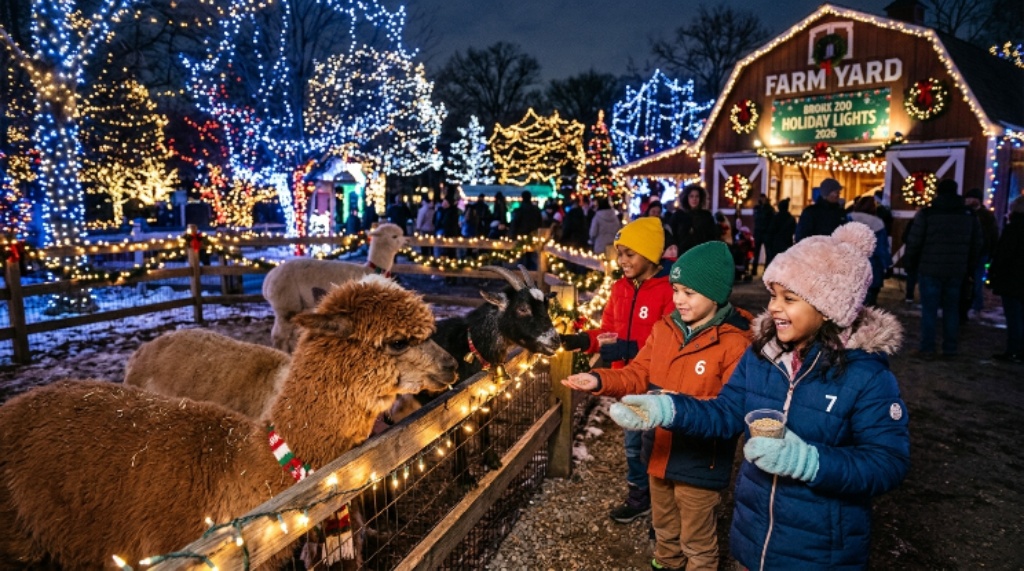 Children feeding goats and alpacas at the Bronx Zoo Children's Zoo Farmyard during Holiday Lights 2026