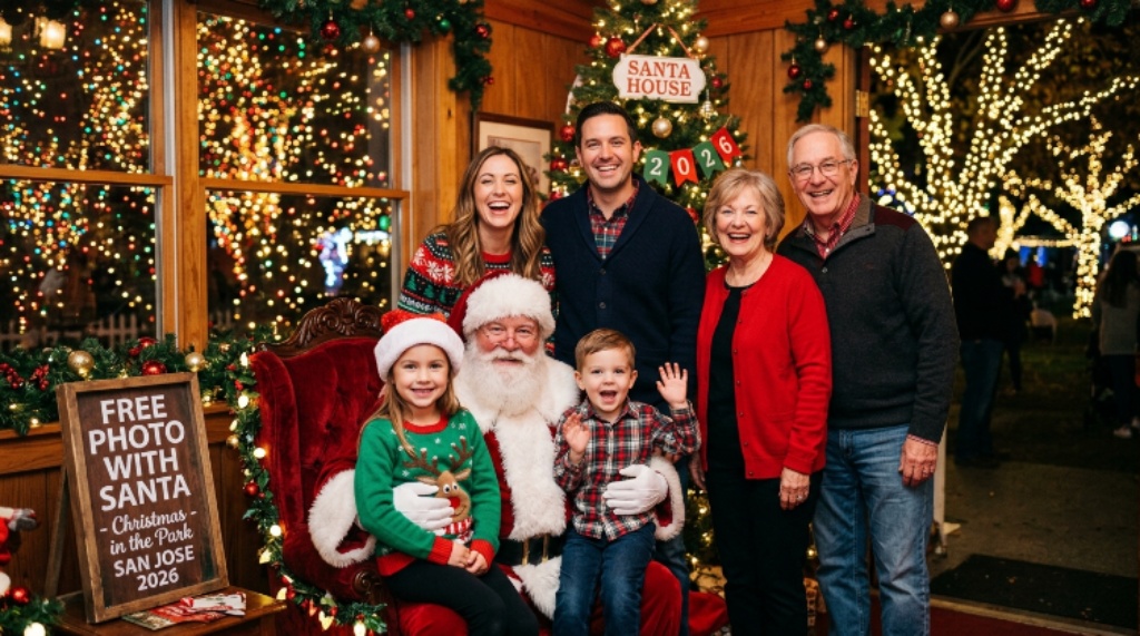 A family posing for a free photo with Santa Claus inside the Santa House at Christmas in the Park San Jose 2026, with glittering holiday lights in the background