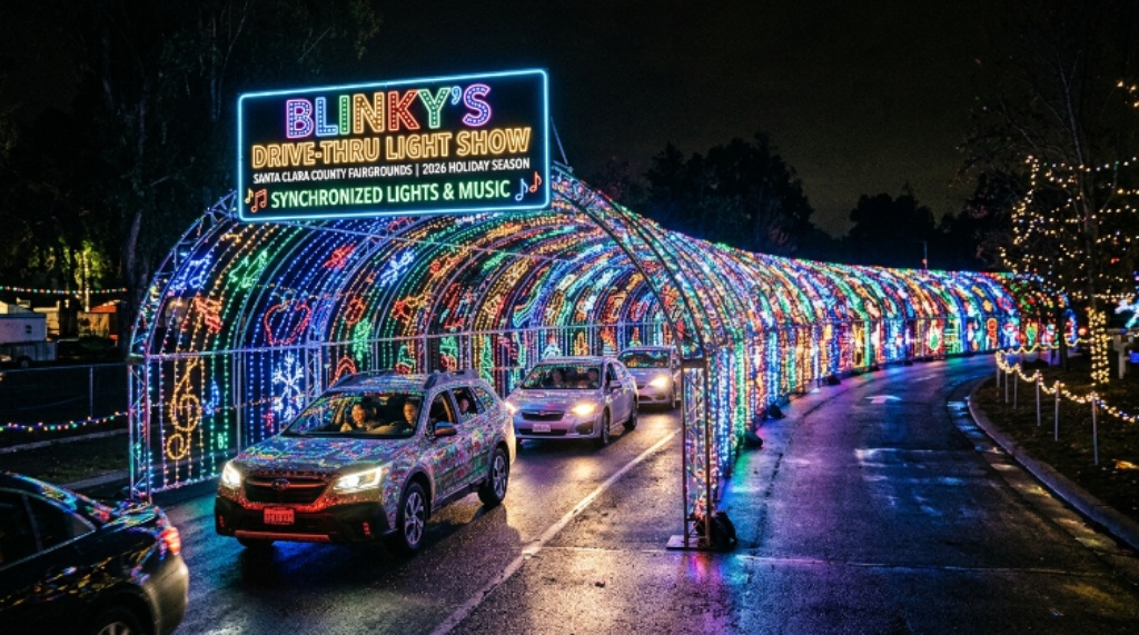 Cars driving through dazzling illuminated light tunnels synchronized to holiday music at Blinky's Drive-Thru Light Show at the Santa Clara County Fairgrounds during the 2026 holiday season
