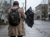 Commuter blotting raindrops from tailored jacket in modern Portland office restroom.