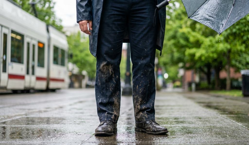 Wet leather dress shoes stuffed with paper towels for rapid moisture extraction.