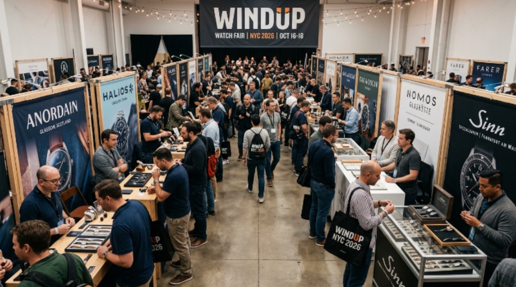 A display of independent and established watch brands at the Windup Watch Fair NYC 2026 event floor