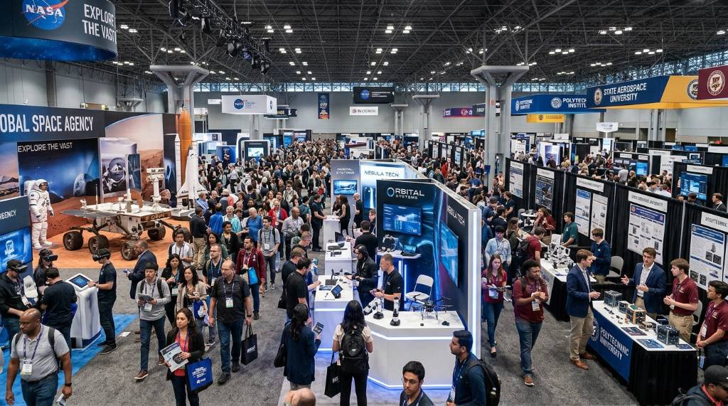 Crowded exhibit hall with booths from space agencies, universities, and technology companies