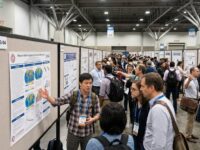 Scientists viewing research posters inside the Moscone Center during the AGU annual meeting
