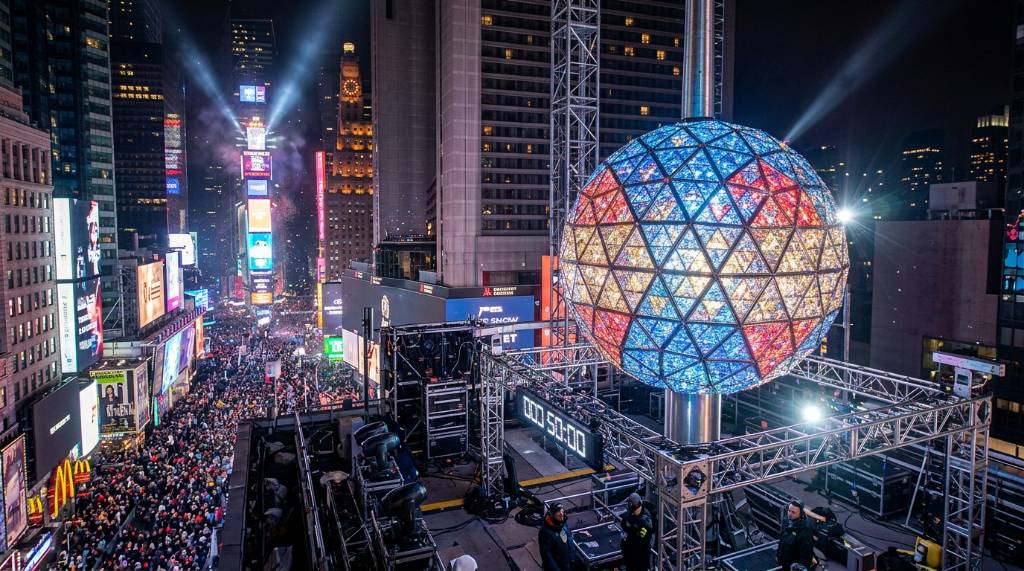 Times Square New Year's Eve ball glowing with LED lights and Waterford crystal on One Times Square rooftop