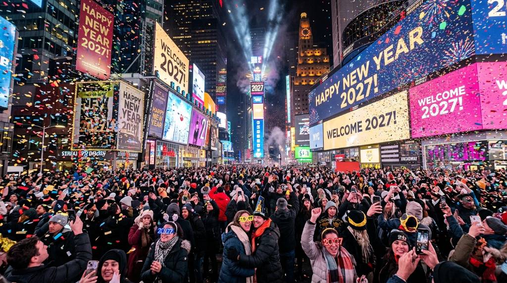 Confetti falling over a million people in Times Square at midnight during the New Year's Eve 2027 celebration