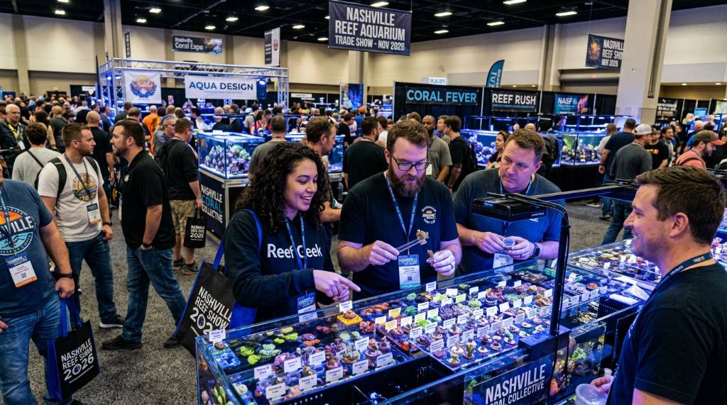 Hobbyists browsing coral frags at the Nashville reef aquarium trade show in November 2026