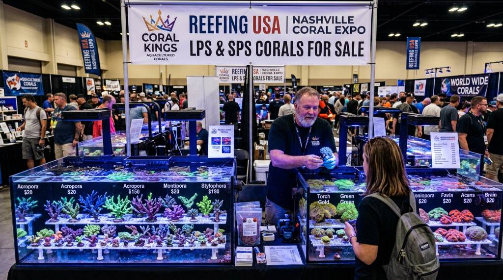 Vendor booth at Reefing USA Nashville Coral Expo showing SPS and LPS corals for sale