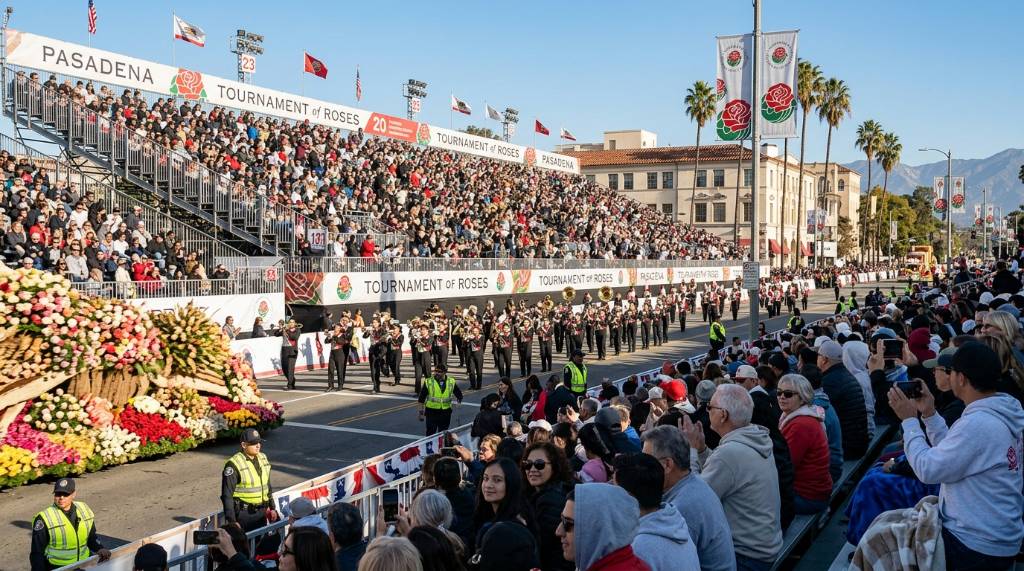 Reserved grandstand seating filled with spectators watching the Rose Parade on New Year's Day in Pasadena California