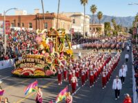Colorful floral floats and marching bands at the 2027 Rose Parade along Colorado Boulevard in Pasadena
