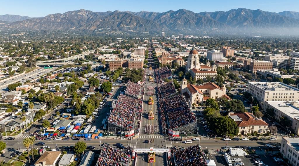Aerial view of the 5.5-mile Rose Parade 2027 route through the streets of Pasadena on January 1